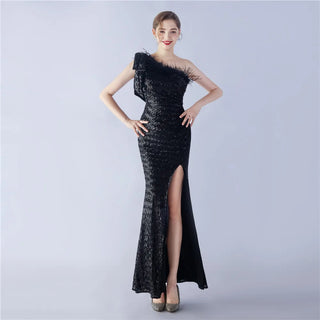 Sequin One-Shoulder Prom Dress with Mermaid Evening Dress with Feathers