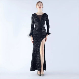 Stunning V-Neck Sequin Ankle-Length Prom Dress with Split