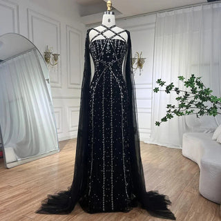 Arabic Luxury Dubai Mermaid Blue Evening Gown with Cape Sleeves and Beading for Women's Party 2024