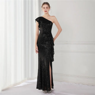 Elegant One-Shoulder Sequin Evening Dress for Weddings and Special Events