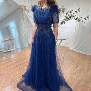 Blue Serenity: 2024 Boat Neck Luxury Evening Gown - Short Sleeves Beaded Feather A-Line Dress for Women's Party