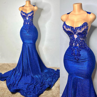 Royal Blue Mermaid Gown with Illusion Bodice and Embellished Appliques