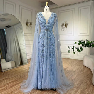 Arabic Turquoise Mermaid Evening Dress 2024 with Beaded Cape Sleeves, Elegant Luxury - Ideal for Women's Wedding Party