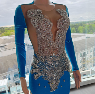 Exquisite Blue Velvet Gown with Crystal-Embellished Bodice