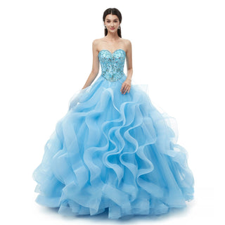 Enchanting Strapless Ball Gown with Beaded Bodice and Voluminous Ruffle Skirt