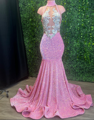 Elegant Pink Sequin Mermaid Gown with Crystal-Embellished Bodice and High Neck