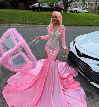 Stunning Pink Satin Mermaid Gown with Crystal Detailing