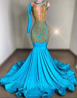 Luxurious One-Sleeve Mermaid Gown with Gold Detailing