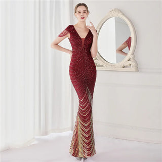 V Neck Prom Dresses Floor-Length Sequin Trumpet Mermaid Evening Gown