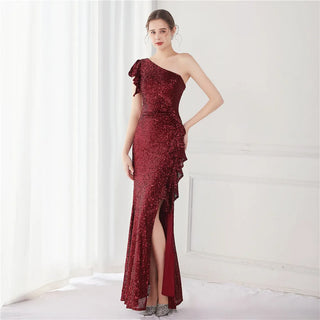 Elegant One-Shoulder Sequin Evening Dress for Weddings and Special Events