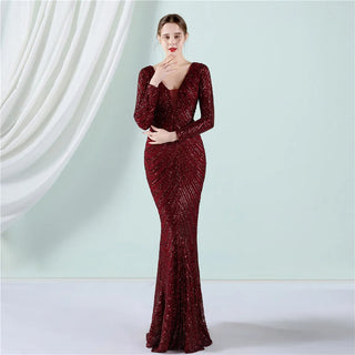 V-Neck Long Sleeve Sequin Prom Dress - Floor-Length Mermaid Formal Evening Gown