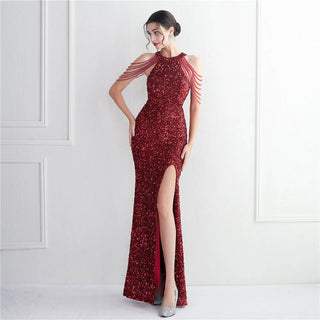 Elegant Red Halter Sequin Evening Dress with Trumpet Mermaid Hem and Floor-Length Skirt