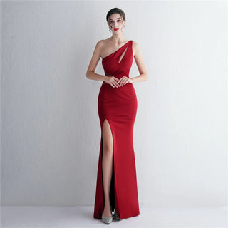 Sexy One-Shoulder Soft Satin Pleated Dress with Beading - Long Evening Party Maxi Dress with Slit for Women