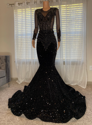 Elegant Black Sequin Mermaid Dress with Sheer Sleeves