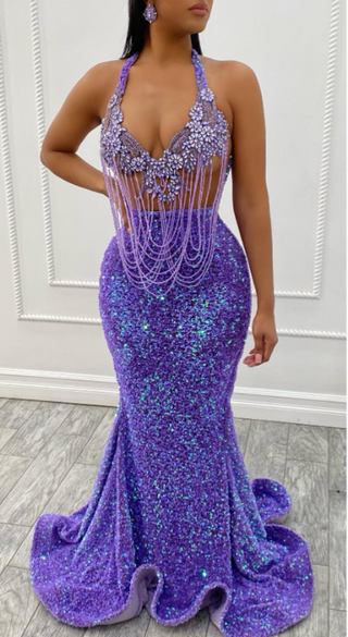 Dazzling Crystal Fringe Sequin Mermaid Gown