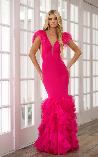 Vibrant Feather-Shoulder Gown with Layered Ruffle Skirt