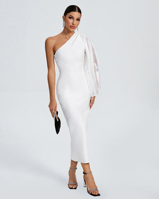 Ships in 1 to 3 Days - One-Shoulder Gown with Sheer Balloon Sleeve