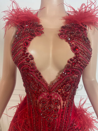 Luxurious Feathered Beaded Mini Dress with Dramatic Train