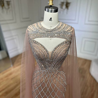 Arabic Nude Cape Sleeves Beaded Saudi Evening Gown – 2025 Customized Elegance