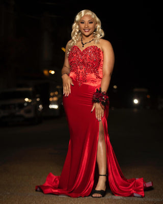 Enchanting Scarlet Sequin Embellished Gown with High Slit