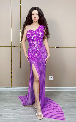 Dazzling One-Shoulder Beaded Gown with High Slit