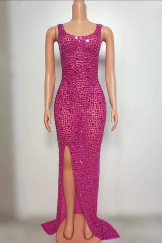 Glittering Sequin High-Slit Gown with Square Neckline