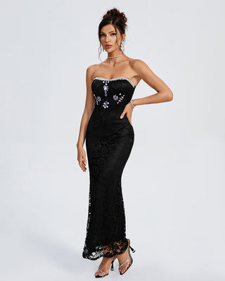 Ships in 1 to 3 Days - Strapless Lace Gown with Embroidered Floral Accents