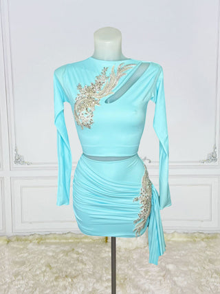 Luxurious Long-Sleeve Appliqué Embellished Mini Dress with Asymmetric Cut-Out