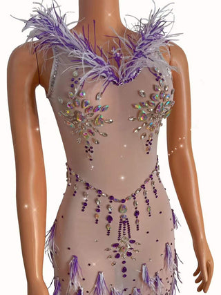 Elegant Lavender Feather and Sequin Embellished Sheer Mini Dress