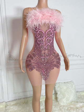 Ships in 1 to 3 Days - Luxurious Feather and Beaded Mini Dress with Sheer Panels