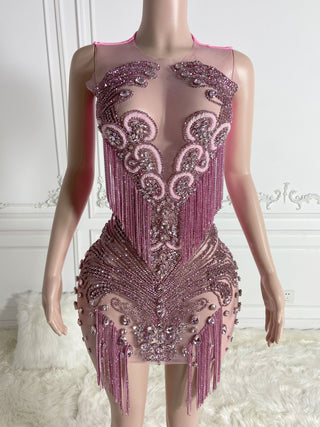 Glamorous Pink Beaded Fringe Mini Dress with Intricate Details