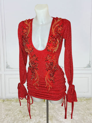 Stunning Red Ruched Mini Dress with Gold Embellishments and Plunging Neckline