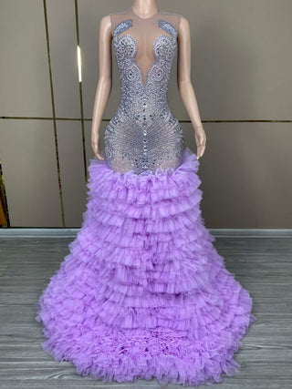 Exquisite Sheer Beaded Mermaid Gown with Tiered Ruffle Train