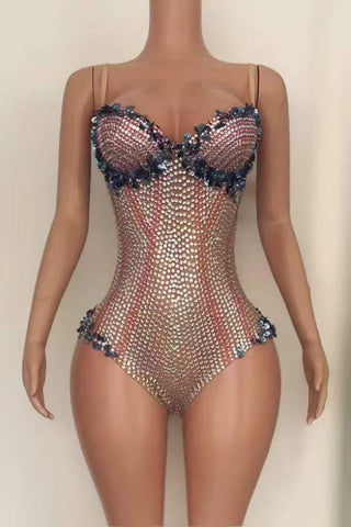 Crystal Embellished Strapless Bodysuit with Floral Appliques