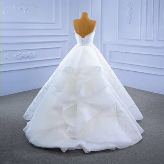 White Lace Plunging Neckline Ball Gown Wedding Dress