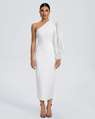 Ships in 1 to 3 Days - One-Shoulder Gown with Sheer Balloon Sleeve