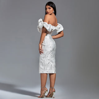 Ships in 1 to 3 Days - Off-Shoulder Ruffled Midi Dress with Embroidered Skirt