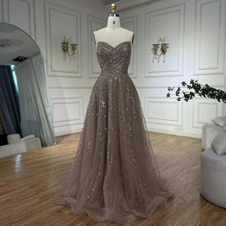 Ships in 1 to 3 Days - Arabic Caramel A-Line Strapless Beaded Luxury Dubai Evening Dresses Gowns For Women Wedding Party 2024