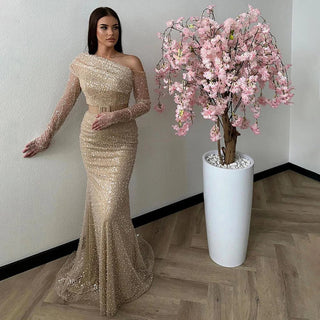 rabia Caramel Mermaid One Shoulder Luxury Beaded Evening Dresses Gowns: 2024 For Women Wedding Party