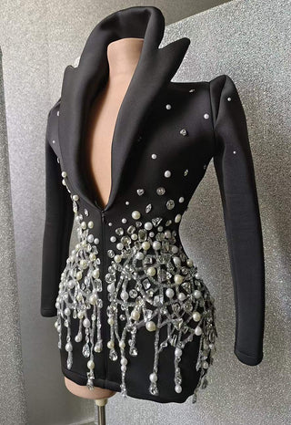 Exquisite Deep V-Neck Blazer Dress with Crystal and Pearl Embellishments