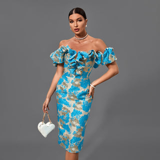 Ships in 1 to 3 Days - Off-Shoulder Ruffled Midi Dress with Embroidered Skirt