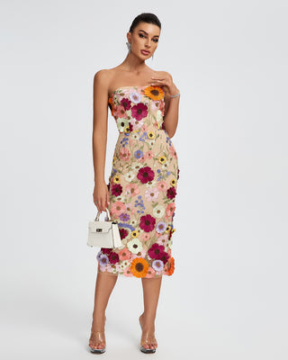 Ships in 1 to 3 Days - Strapless Sheer Midi Dress with Intricate Floral Embroidery