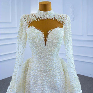 Luxury White High Neck Long Sleeve Mermaid Wedding Dress