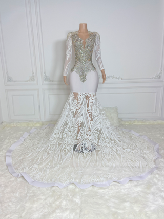 Opulent Crystal-Embellished Long Sleeve Mermaid Gown with Lace Train