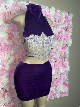 Luxurious Purple Velvet Halter Dress with Rhinestone Fringe and Open Back