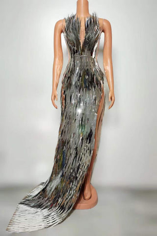 Glamorous Reflective Sequin Gown with Plunging Neckline