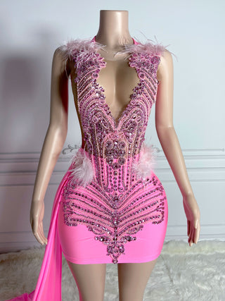 Luxurious Feathered Beaded Mini Dress with Dramatic Train