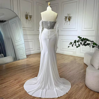 Ships in 2 to 5 Days - White Arabic Evening Gown with Crystal Beaded Dress and Gloves for Occasion