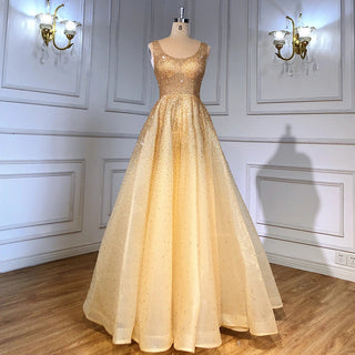 Champagne A-Line Crystal Beaded Lace-Up Luxury Dubai Evening Dress - Gowns for Women's Wedding Party