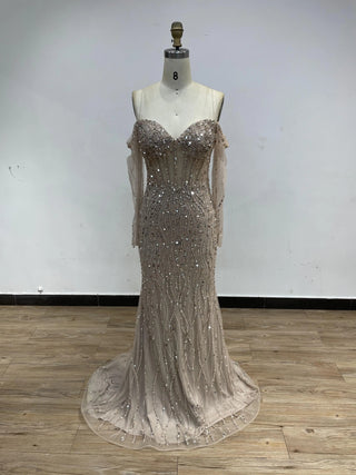 Silver Stunning Beaded Mermaid Dress - Sexy Sweetheart Neck with Boning and Off-Shoulder Sleeves for Formal Occasions